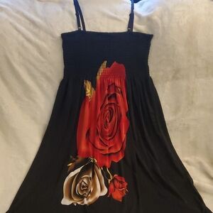 Black Dress with Red and Brown Floral Design